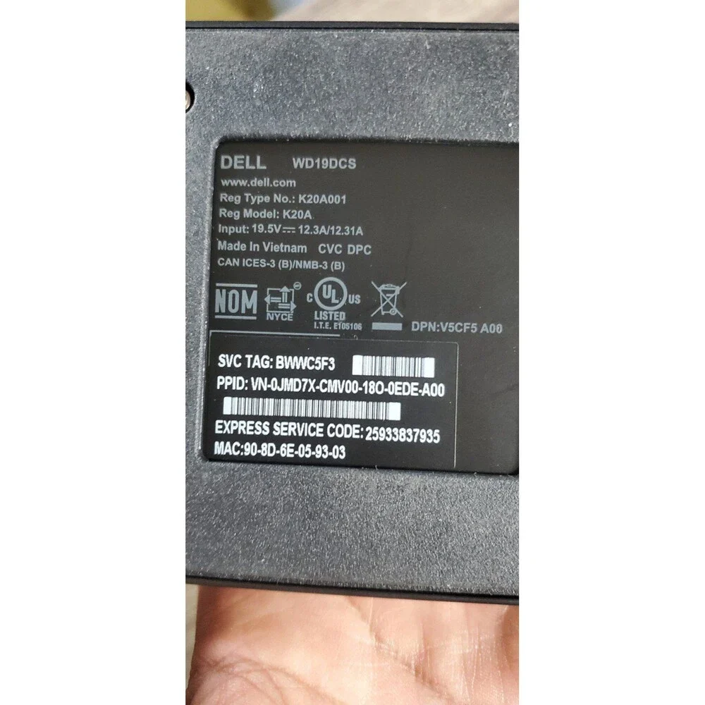 Dell WD19/WD19S/WD19DC/WD19DCS/WD19TBS K20A001 USB-C Docking Station +AC Adapte
